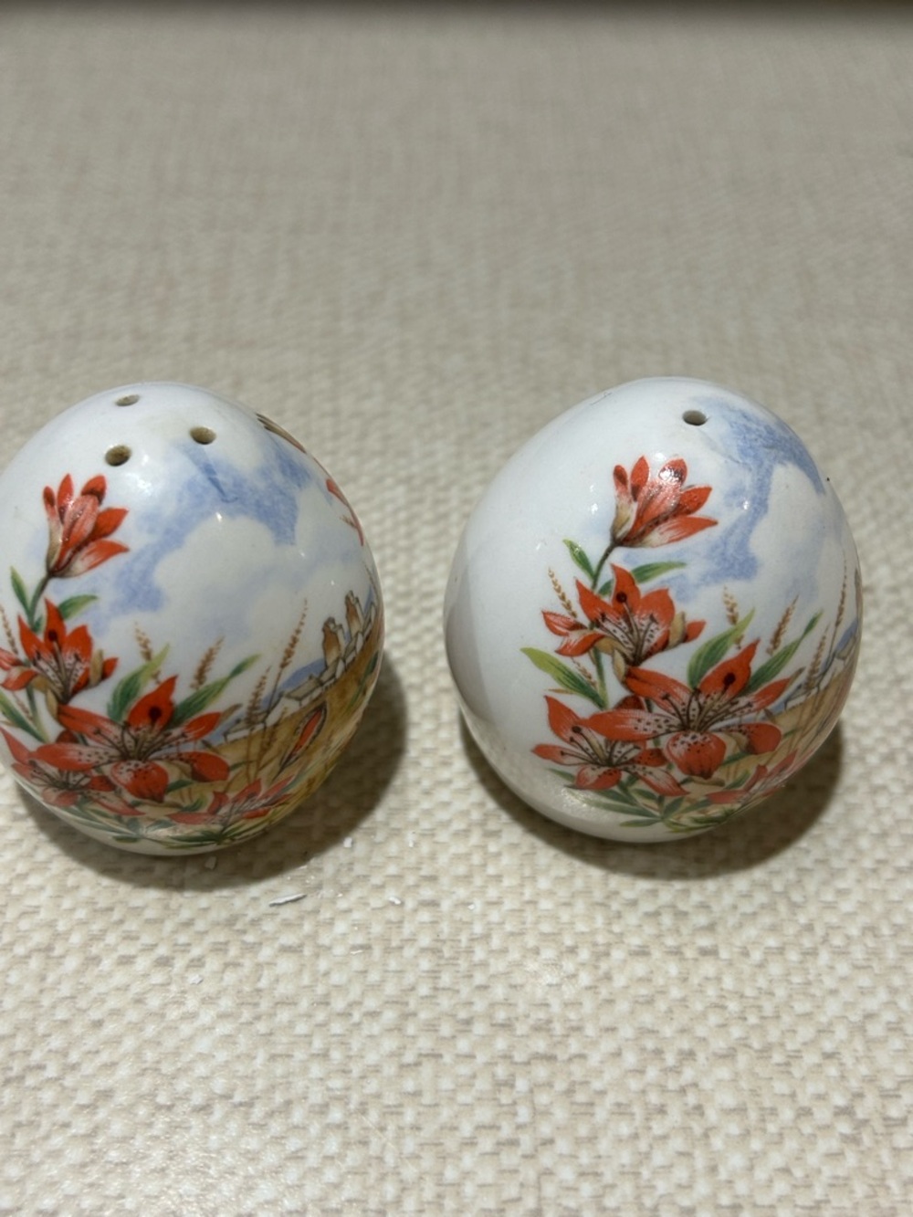 Hand-Painted Ceramic Floral Salt & Pepper Shakers - White with Orange Flowers